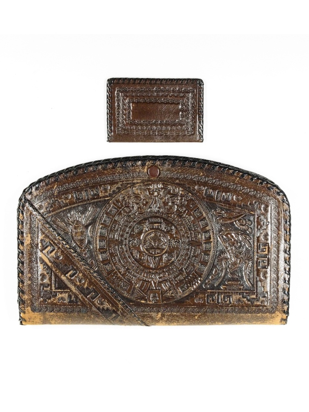 Mexican Tooled Leather Clutch Vintage 60s 70s Dark Brown with matching Card Case
